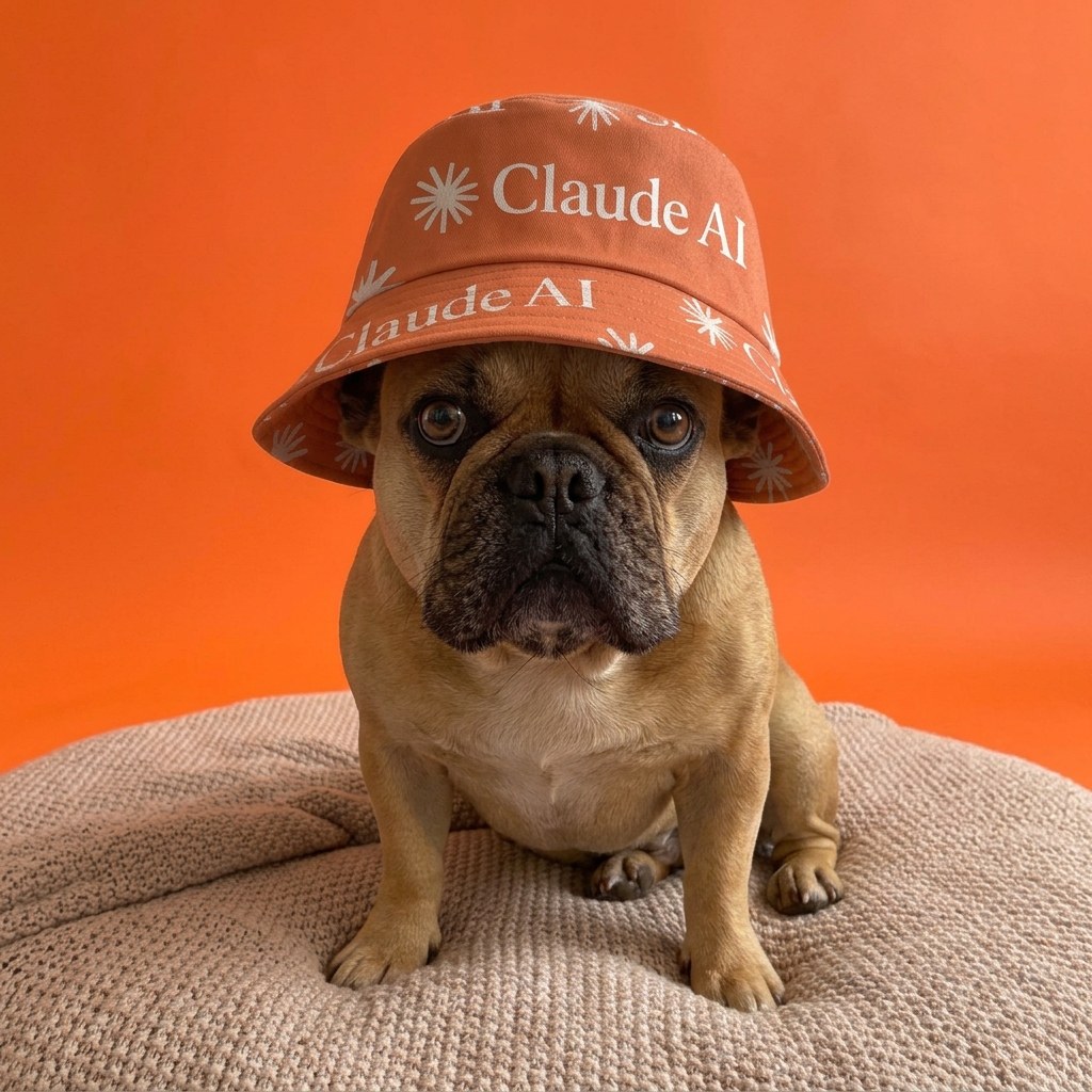 A fawn French bulldog in an orange bucket hat sitting on a knitted blanket against an orange backdrop